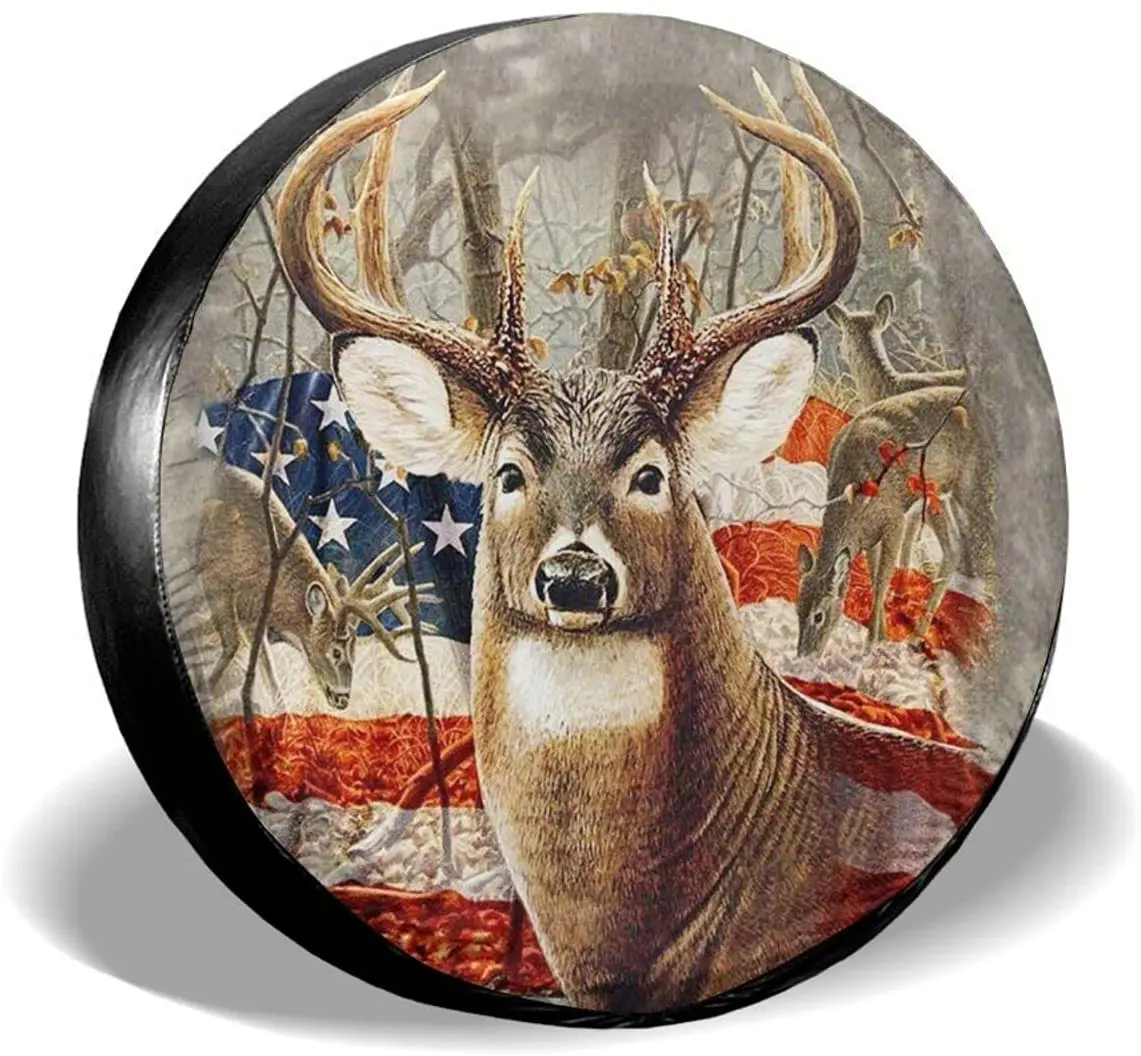 

Deer American Flag Spare Tire Cover Wheel Protectors Weatherproof Universal for Trailer Rv SUV Truck Camper Travel Trailer