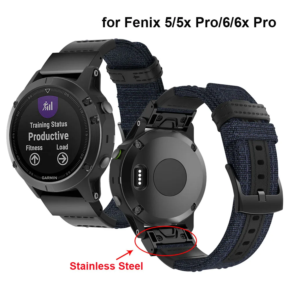 Woven Nylon Watch Strap for Garmin Fenix 6X/6X Pro/5X/5X Plus/3/3HR Smartwatch Breathable Canvas Wristband 26mm Quickly Fit