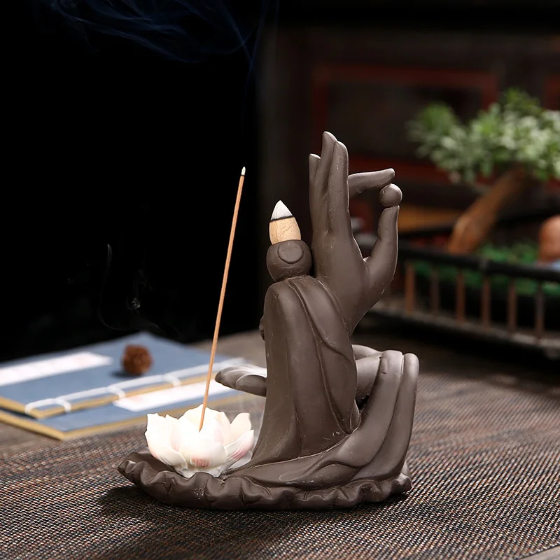 Горелка для благовоний керамическая ручка Будды лотос водопад курильница с