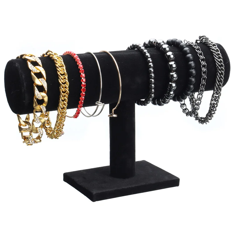 Black Velvet T Bar Display Stand For Bracelet Chain Necklace Women Men Watch Holder Rack Fashion Jewelry Organizer Display velvet t bar rack watch headband holder display hair bands bracelet bangle necklace jewelry showing organizer necklace stand