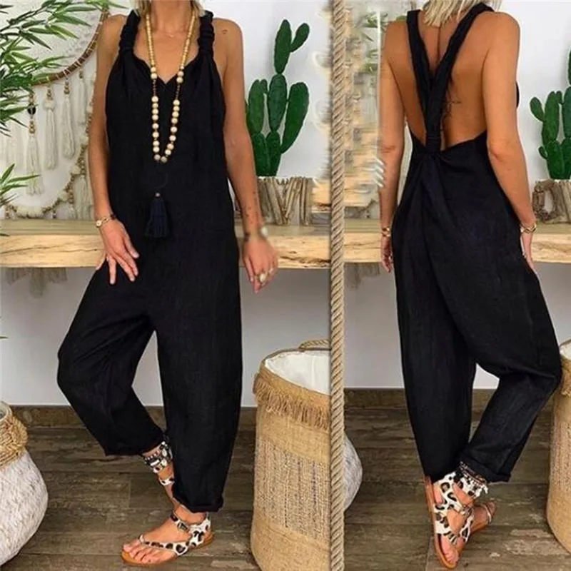 

Summer Women Jumpsuits Solid Color Bib Overall Sleeveless Backless Knotted Jumpsuit Dungarees Sleeveless Romper Overalls