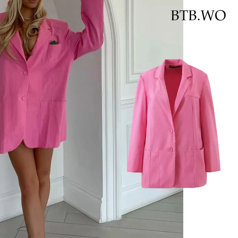 

BTB.WO Za 2021 Women Fashion Single Breasted Loose Blazer Coat Vintage Long Sleeve Flap Pockets Female Outerwear Chic Veste