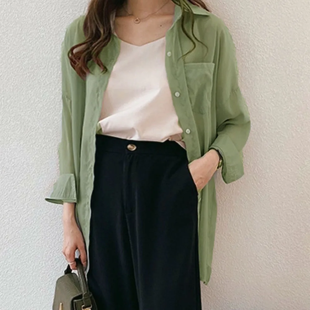 Женская блузка с длинным рукавом Повседневная простая зеленая в Корейском стиле