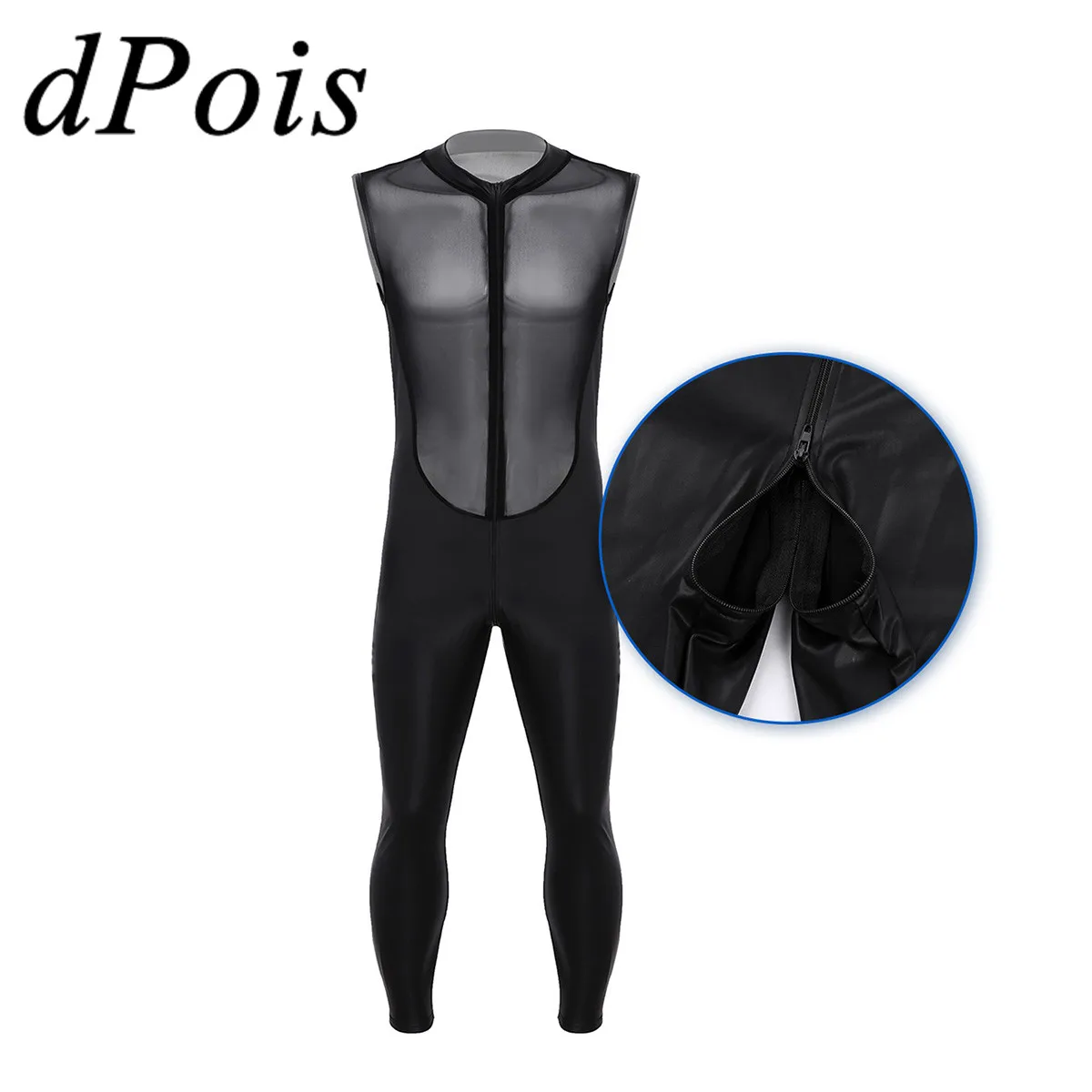 Мужской купальник из лакированной кожи Wetlook боди без рукавов сетчатый комбинезон