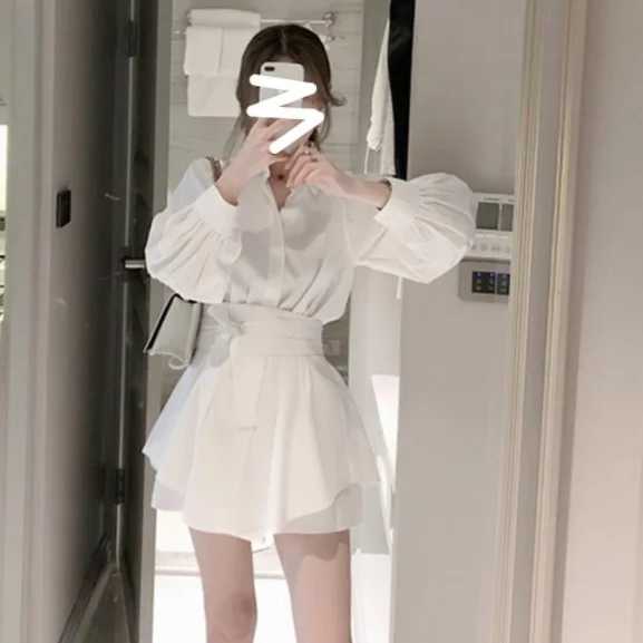 Женский летний костюм из двух предметов белая длинная рубашка с рукавами