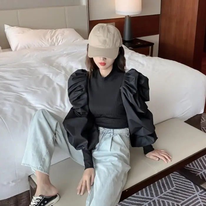 Лоскутные вязанные черные женские свитера с рюшами круглым вырезом и пышными