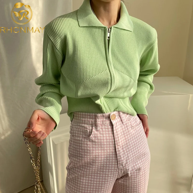 

Knitting Cardigan Sweaters Woman Autumn Winter 2021 Korean Double Zipper Long Sleeve Turn-down Collar Tops Green White