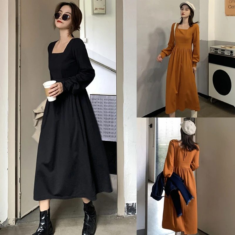 

Women's Thin Temperament Pleated Skirt Square Collar All-Match Midi Dress
