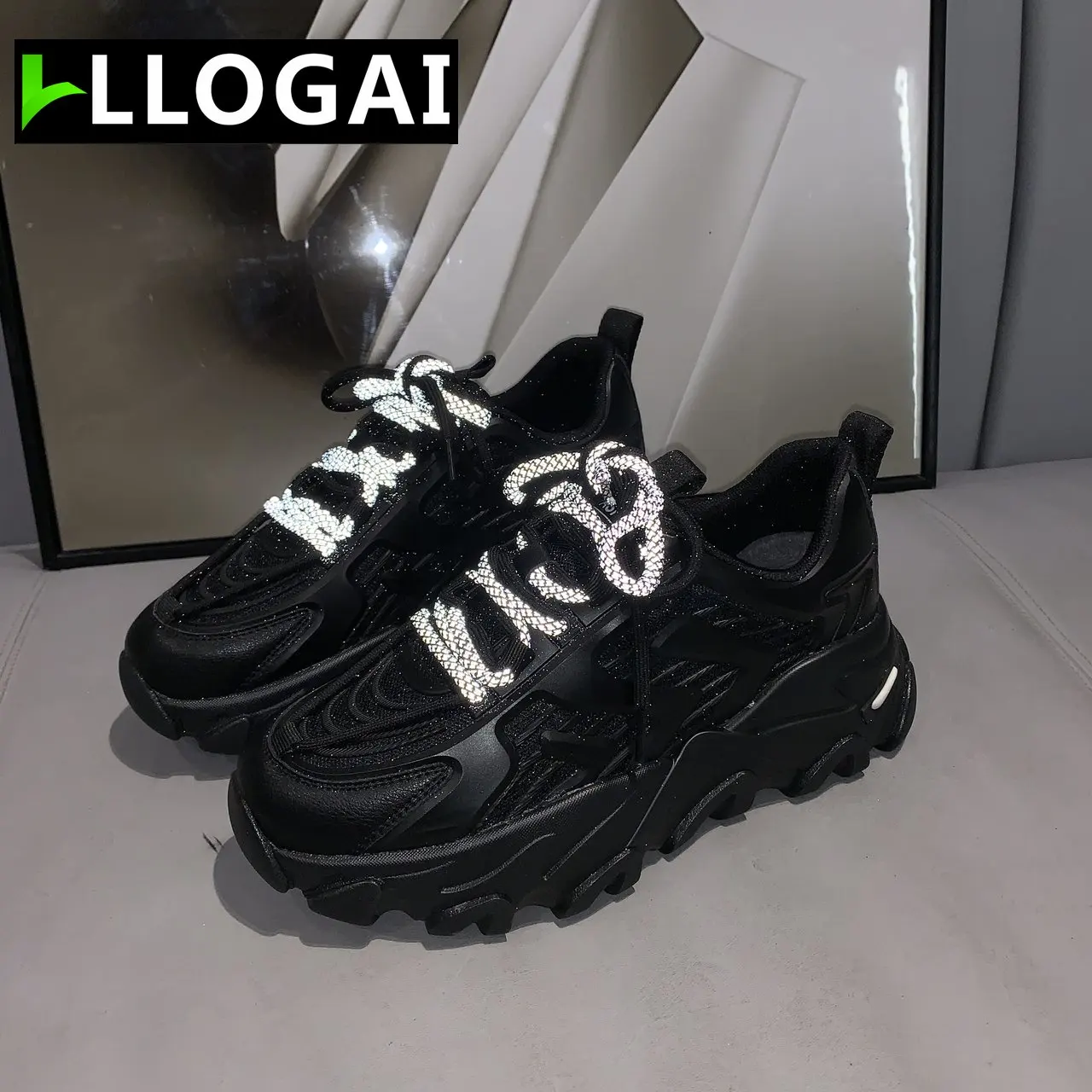 

Женские сетчатые кроссовки LLOGAI, толстая подошва, плоская подошва, удобная Вулканизированная подошва, модная обувь на массивном каблуке