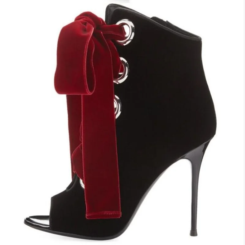 Пикантные черные бархатные ботильоны красные короткие ботинки на высоком