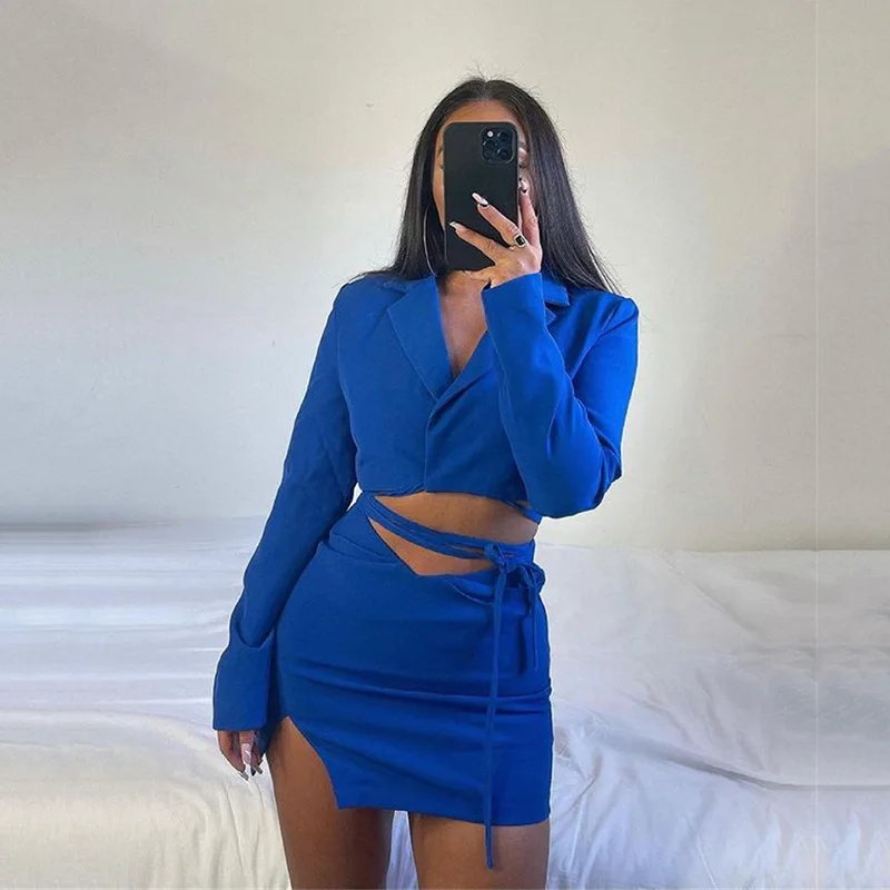 

LIYONG Women Solid Sexy Skirt Set Autumn Bandage Split Sexy Two Piece Set Top and Dress Office Lady High Waist Bodycon Dress Set