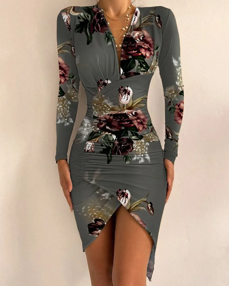 

Party Dresses Women Evening Clubwear Long Sleeve Autumn Spring Elegant Bodycon Dress V Neck Sexy Printed Knitted Robe Female2021