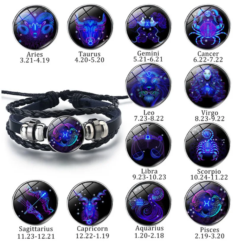 

Punk Hip-Hop Simple Luminous Twelve Constellation Multilayer Leather Bracelet Men Women Classic Fortune Jewelry Wristband Gift