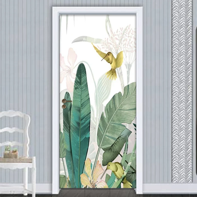 Banana Leaf Flower Bird Door Sticker Mural Waterproof Wallpapers For Living Room Bedroom Home Decoration Photo Wallpaper | Обустройство