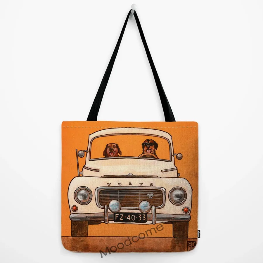 

Large Cute Cartoon Dogs Driving Car Shoulder Cotton Linen Tote Bag Water Resistant Shopper Cute Dogs Humorous Art Shopper Bag