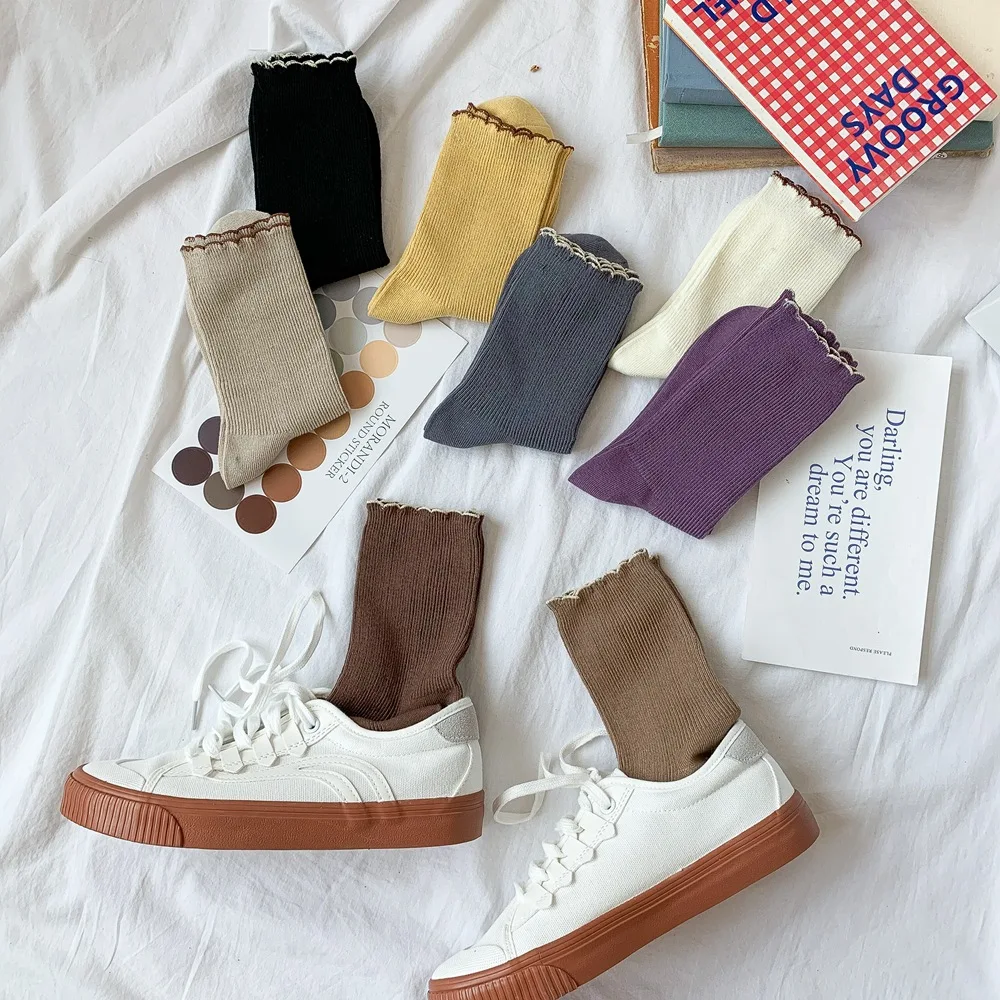 

8 Colors Female Autumn And Winter New Mid-Tube Women's Socks Wavy Side plain Japanese sweet mid-length solid color pile socks AB