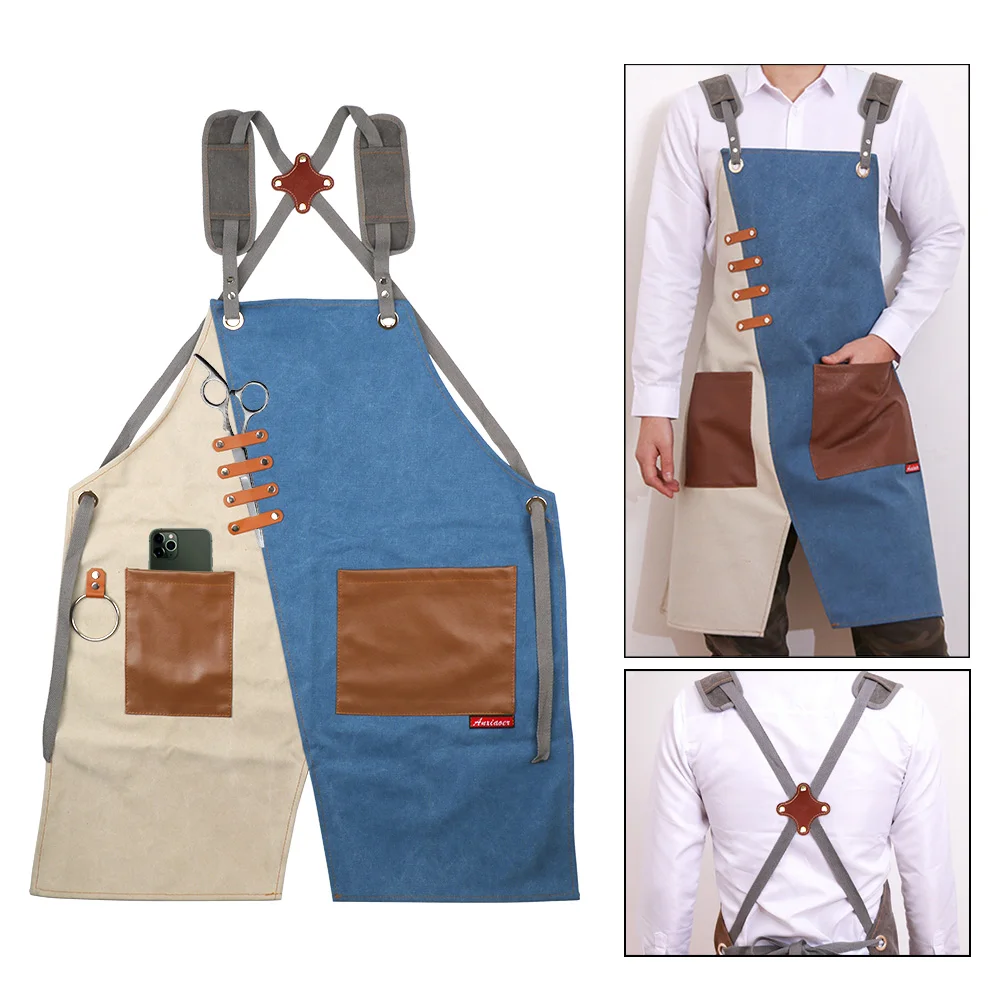 

С карманами для инструментов, перекрестные задние ремни, Рабочий Фартук унисекс, регулируемый для кухни, салона, деревообработки, живописи