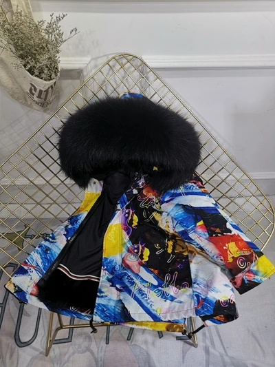 Blue Black Fur Детская зимняя куртка с отделкой из меха, пальто для мальчиков и девочек утепленное пальто из меха кролика с граффити, Детская меховая куртка для девочек, TZ147 - Цвет: Blue Black Fur