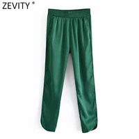 zevity 2021 women fashion solid color hem split soft satin slim pencil pants female chic elastic waist long trousers mujer p1227