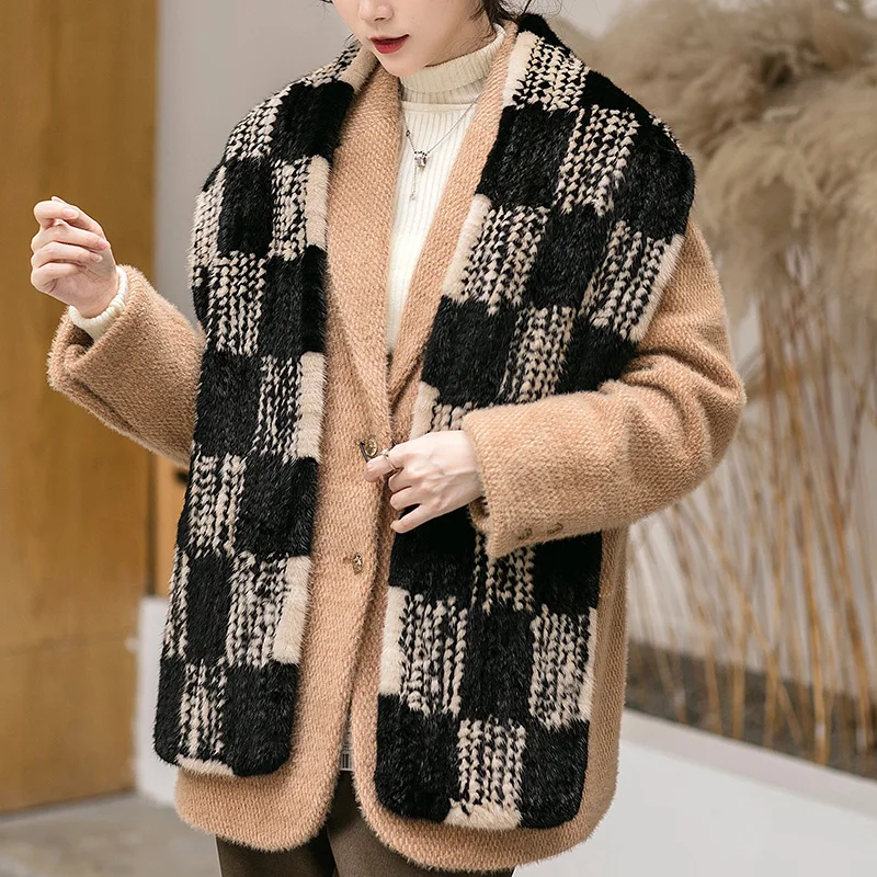 

Autumn and winter mink fur scarf woven Plaid Bib Plaid pattern men and women neutral couple shawl to keep warm British style