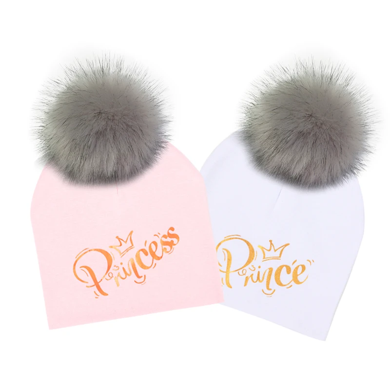 

Newborn Fashion Golden Letter Princess Prince Crown Cotton Baby Pompom Hat For Girls Boys Infant Kid Winter Cap Child Bonnet