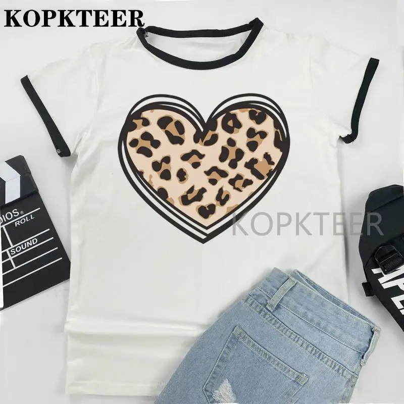 

Женские топы с коротким рукавом, футболки с леопардовым принтом Love, женские летние футболки 2021, графические футболки, уличная одежда, рубашк...