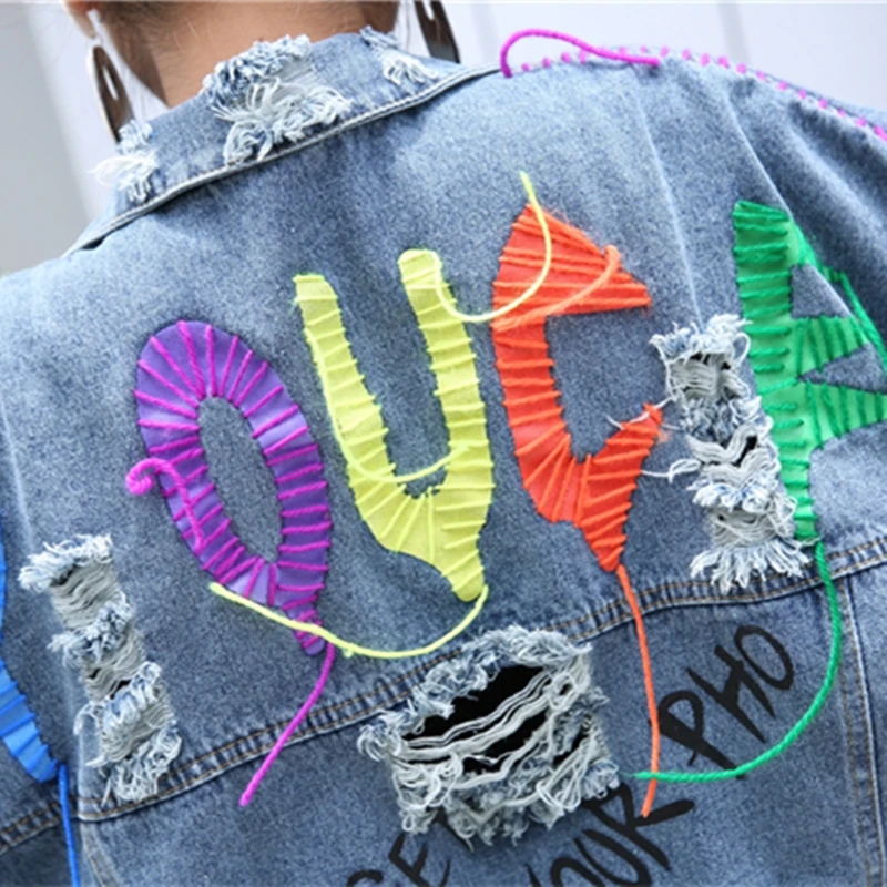 

2020 New Spring Autumn Ladies Coat Street Style Women Outercoat High Quatily Female Denim Jacket Print Loose Fashion QT121