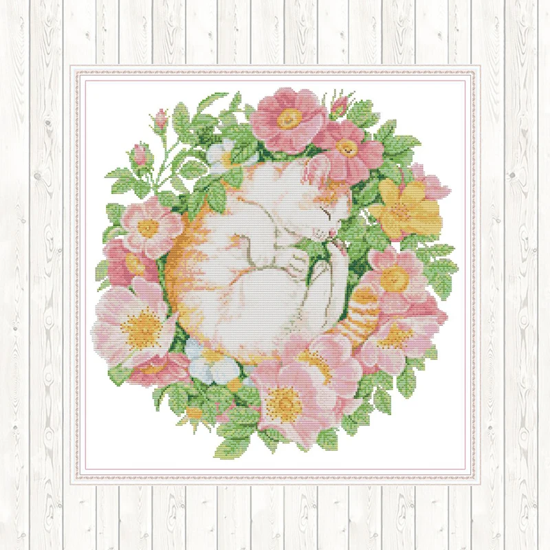 Набор для вышивки Кот среди цветов крестиком печать на холсте сделай сам 14 шт. 11