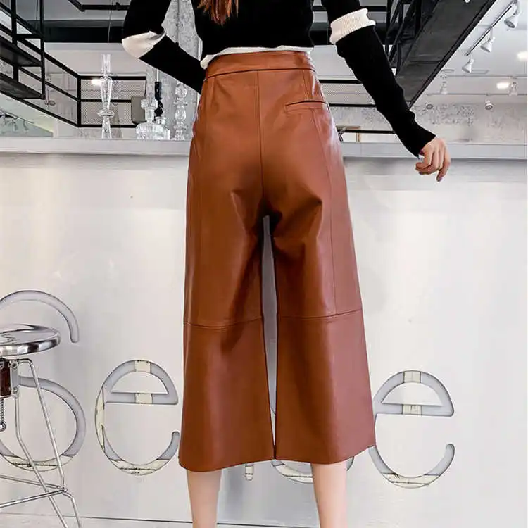 

Spring Genuine Women's leather Wide-leg pants Hot fashion sheepskin leather cropped pants C556