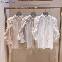 2021 early autumn new product japanese temperament commuting lotus leaf sleeve doll round neck shirt female