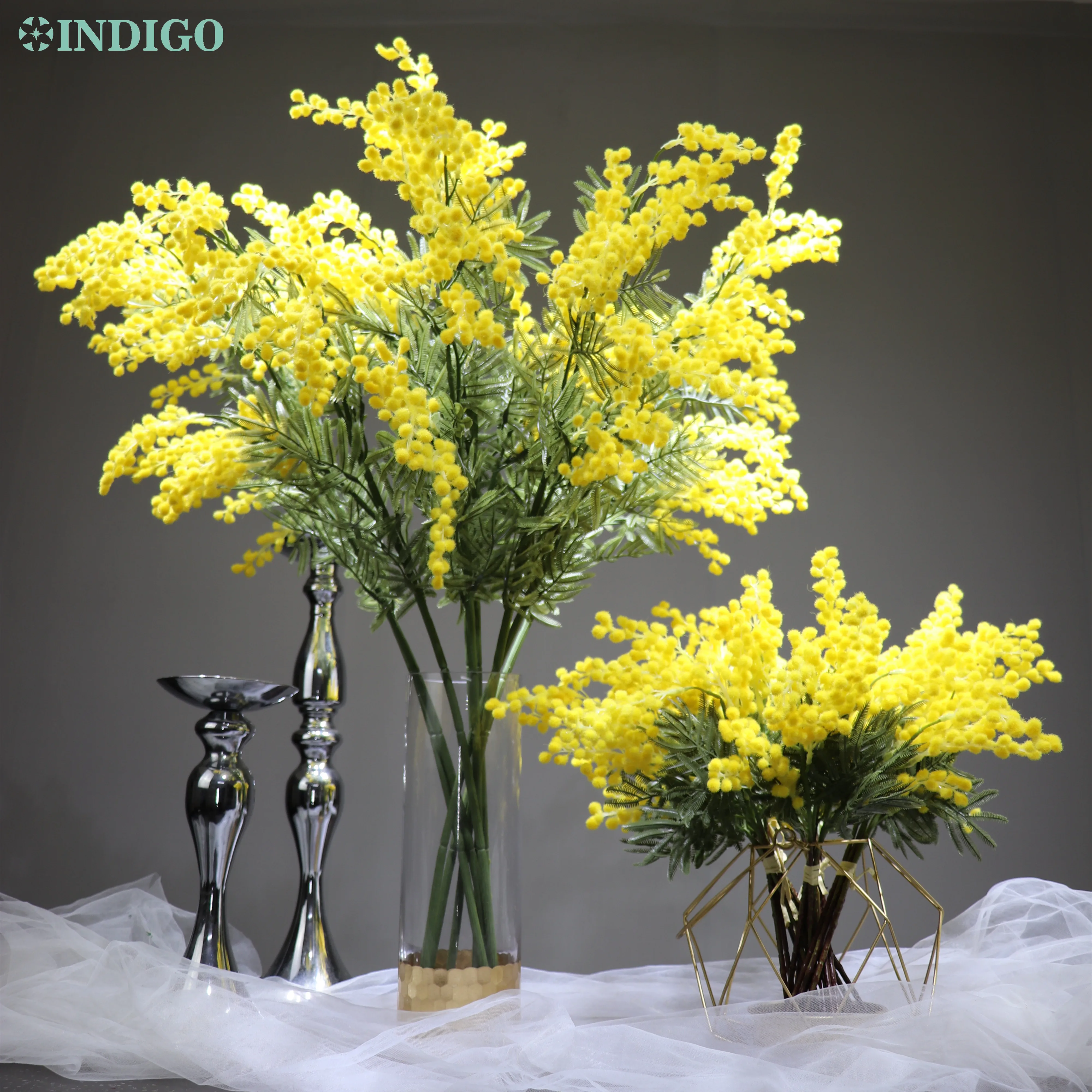 INDIGO 25pcs Плюш Австралийский акации желтый Mimosa спрей вишня искусственное свадебное