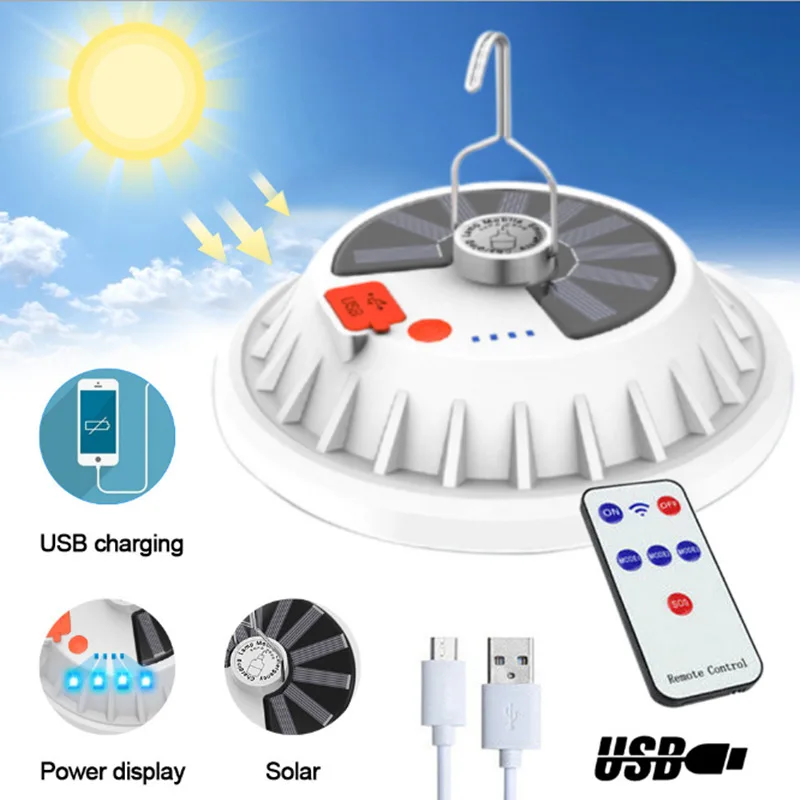 

LED Solar Bulb Lamp USB Rechargeable Camping Tent Light Portable Remote Emergency Night Market Lantern Light Outdoor Hiking Lamp