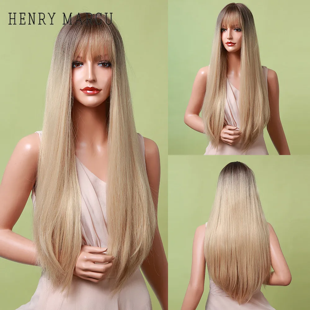 

HENRY MARGU Long Silk Straight Wigs Lolita Ombre Brown Blonde Golden Synthetic Wigs with Bangs for Women Cosplay Heat Resistant