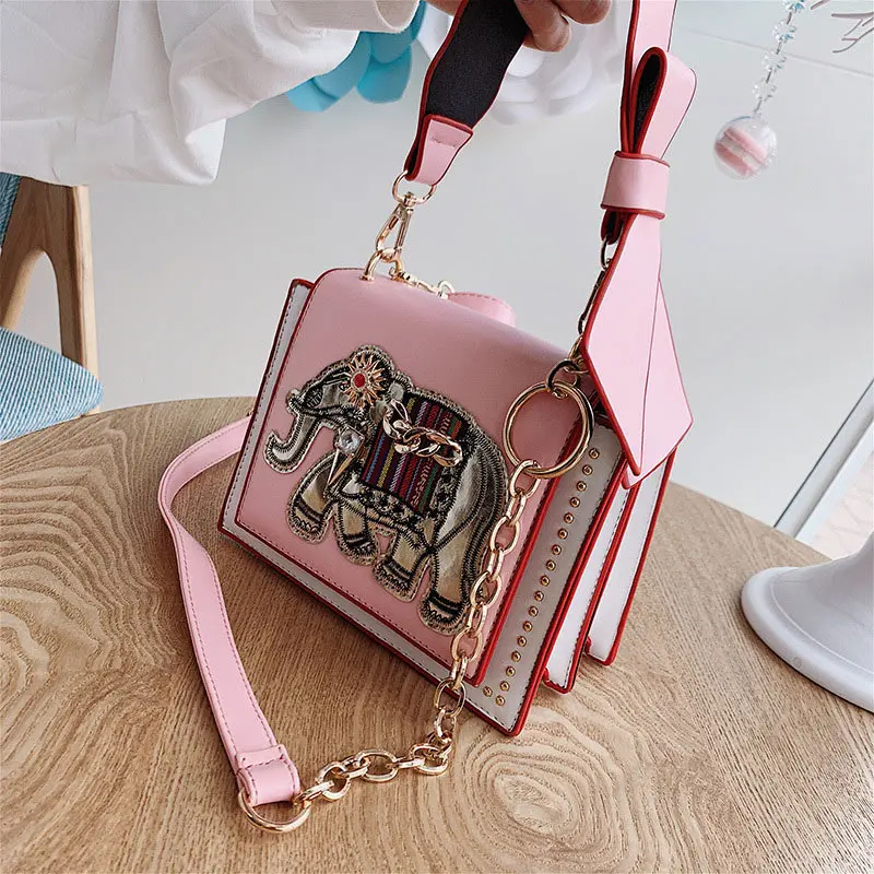 pink Черный слон, многослойные сумки через плечо для женщин, новинка, сумка на плечо с цепочкой и бантом, женская модная сумка-мессенджер с заклепками - Цвет: pink