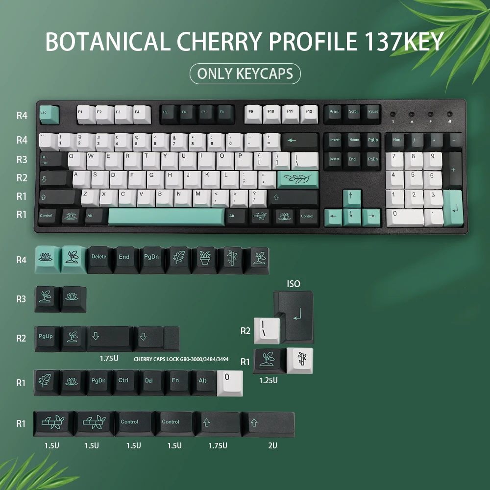 

137 Keys Botanical PBT Keycap Cherry Profile DYE-SUB Personalized Keycaps For Mechanical Keyboard GK61 64 84 96 Layout iso Key