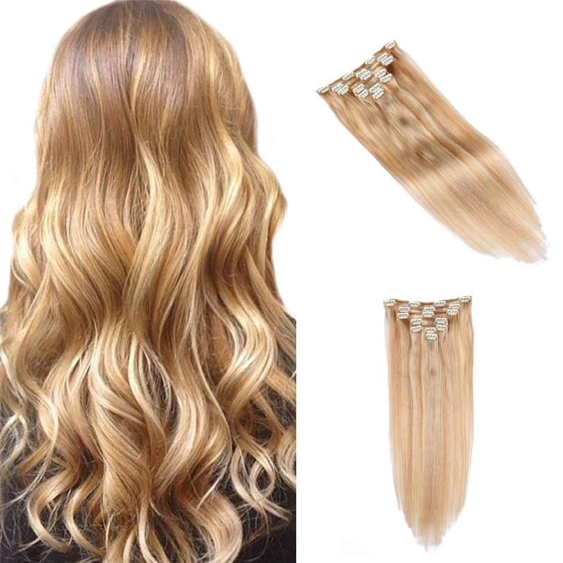 Honey Blonde 12/613# Colored 7 Piece Clip on Extension 22 Inch Silky Straight Clips in Human Hair Extensions Full Head