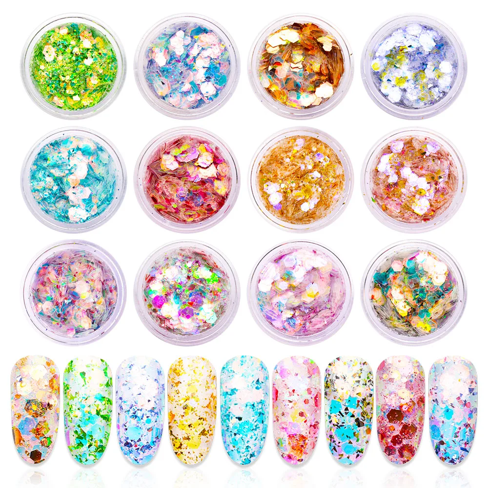 1 коробка для ногтей Русалка Мерцающая Снежинка блестящие 3D шестиугольник