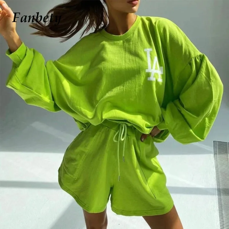

2021 Summer Casual O Neck T Shirts Tops + Drawstring Shorts Pants Suits Fashion Letter Print Outfit Women 2 Piece Set Sportswear