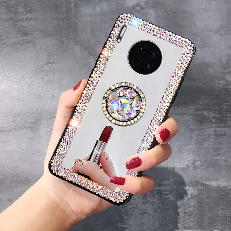 Phone Case For Huawei P30 Pro Mate 30 Real Mirror Glossy Diamond Rhinestones Ring Stand Cover Crystal Wrist Strap Accessories |