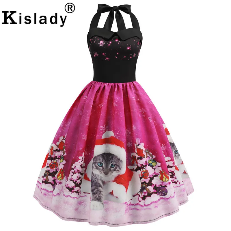 2019 рождественское женское винтажное платье с принтом в виде кошачьей елки