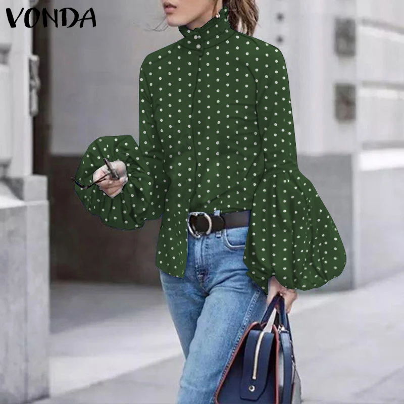 

Women Vintage Dot Polka Printed Tops VONDA 2021 Casual Turn Down Neck Long Sleeve Shirts Bohemian Party Blusas