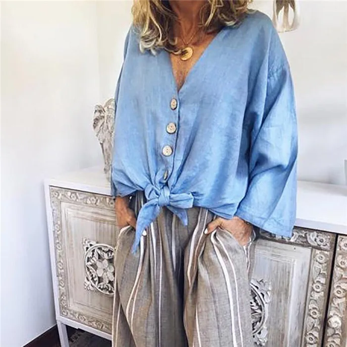 

New Summer Fashion Women V Neck Long Sleeve Shirt Casual Loose Cotton Linen Solid Color Tops Buttons Down Knot Tunic Plus Size