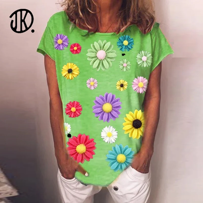 Футболка женская с круглым вырезом и цветочным принтом модный топ кошек