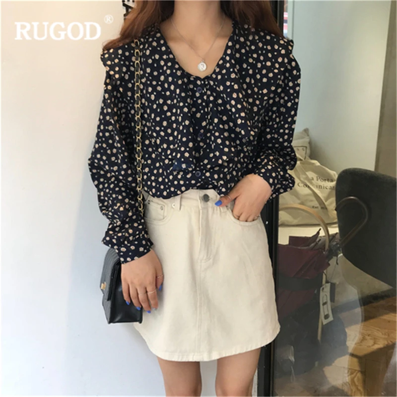 RUGOD модные весенние цветочные женские блузки с круглым воротником женская