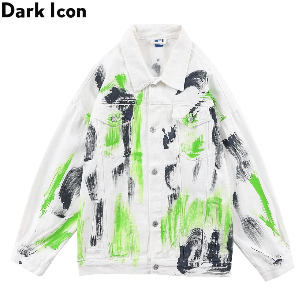 

Dark Icon Hand Painting Jeans Jackets Autumn Turn-down Collar Men's Jacket Black White
