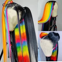 rainbow colored human hair lace frontal wigs straight lace front wig transparent lace wig for women human hair brazilian