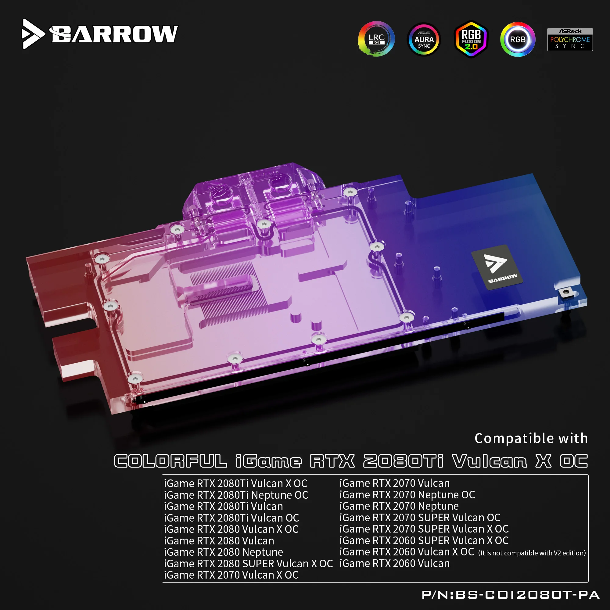 Водяной блок BARROW для красочных игр RTX2080 Ti Vulcan X OC / RTX2070 Нептун/RTX2060 штыревой разъем