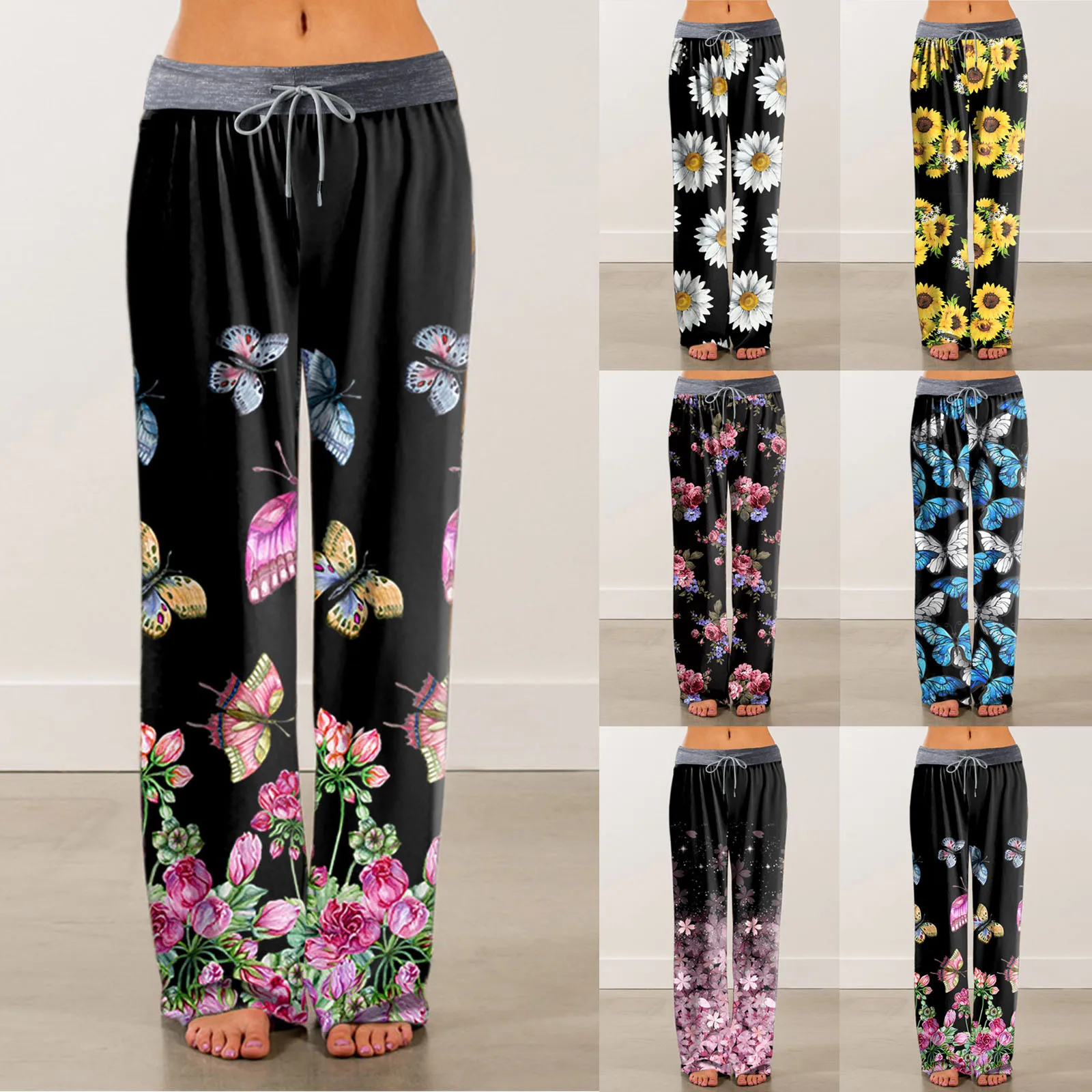 

Womens Comfy Casual Pants Flower Print Drawstring Palazzo Wide Leg Lounge Pants Fashion Casual Female Trousers Streetwear R5