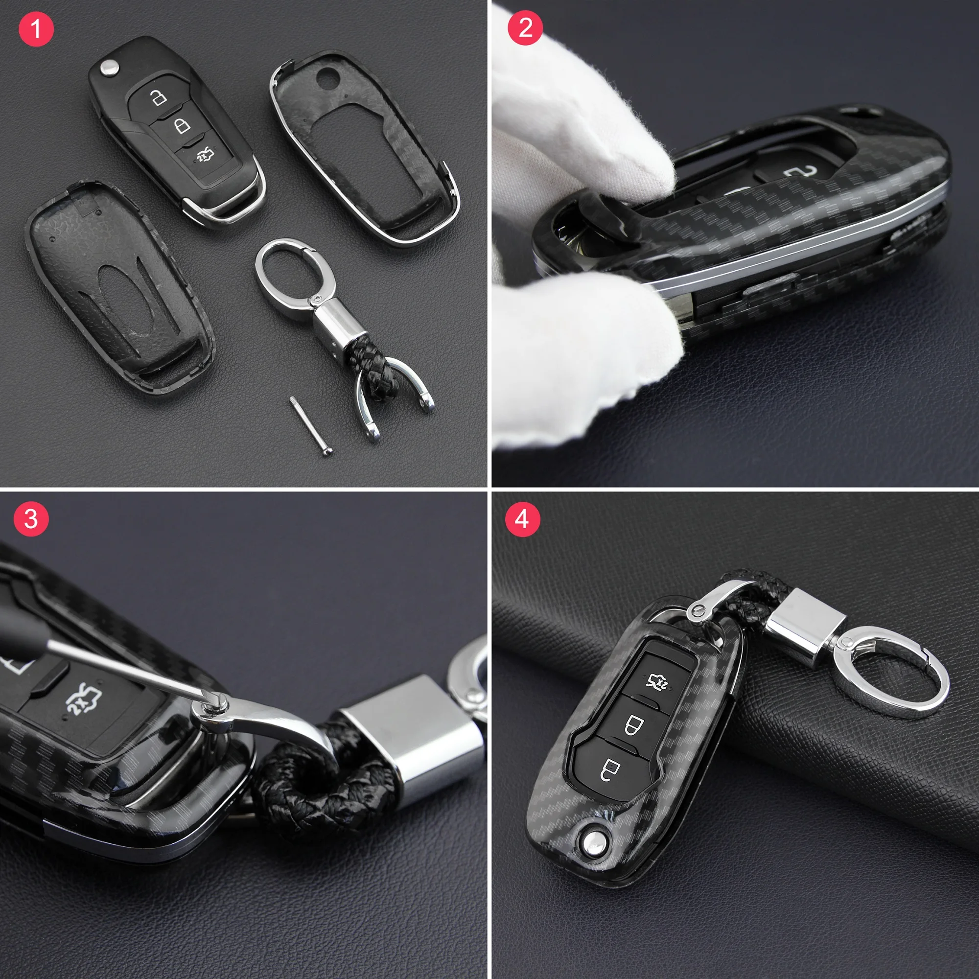

Car Flip Key Fob Chain For Ford Explorer Ecosport F-150 F-250 Mondeo Ranger Carbon Fiber Hard Shell Case Cover Holder Ring