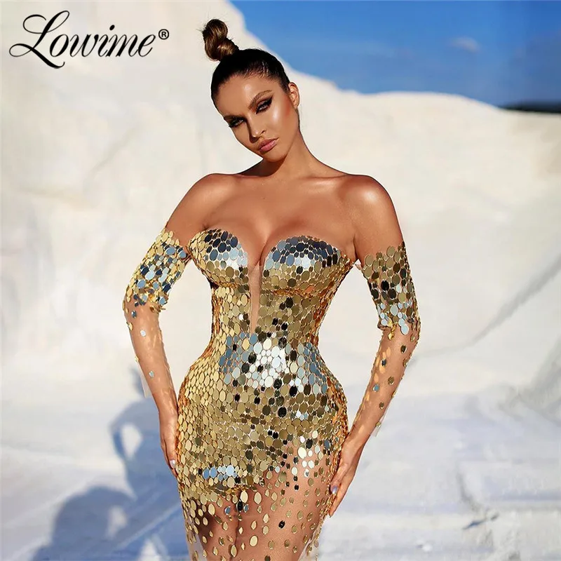 Gold Crystals Party Dresses 2021 Couture Ankle Length Arabic Dubai Evening Gowns African Prom Dresses Sheer Evening Wear Robes